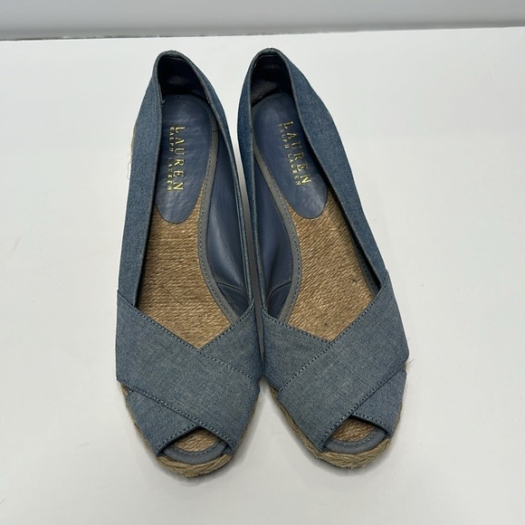 Lauren Ralph Lauren Canvas Chambray Blue Espadrilles Peep Toe Cecilia Wedges 9 - Picture 5 of 10